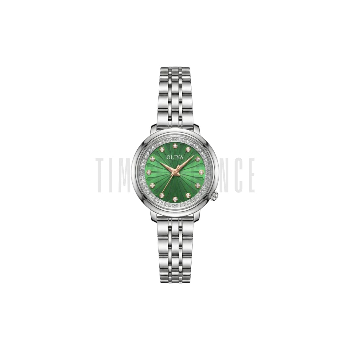 OLIYA 889 Women’s Luxury Diamond Watch Silver Green – Round Dial Stainless Steel Wristwatch