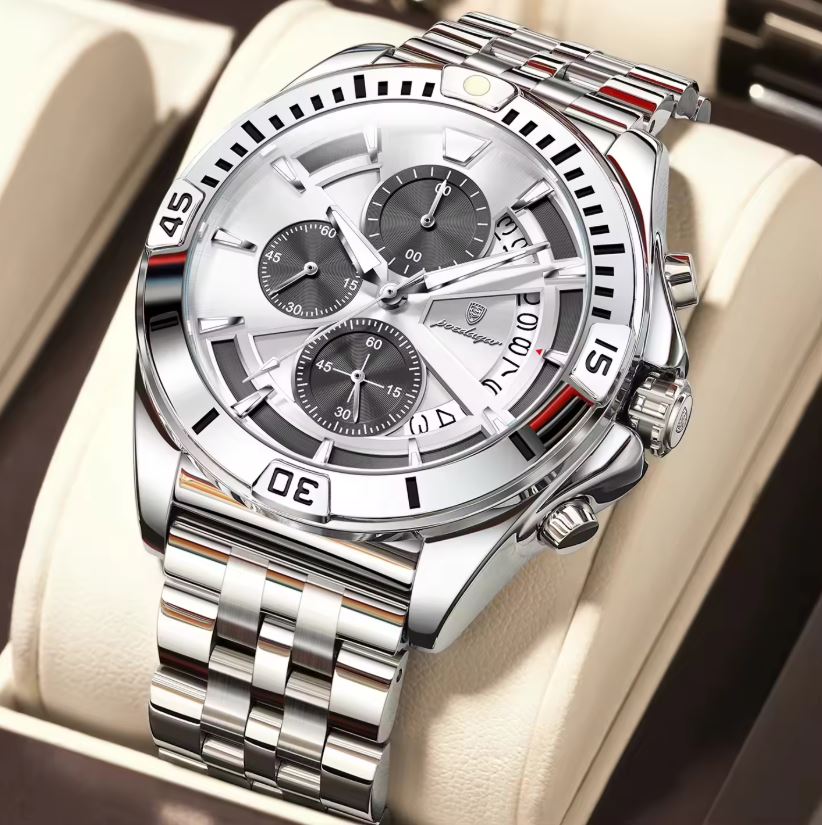 POEDAGAR 695 Men’s Sports Quartz Watch Silver White – Stainless Steel Luxury Chronograph Wristwatch