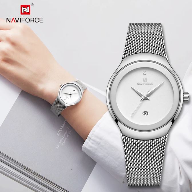 NAVIFORCE 5004 Women’s Silver Mesh Strap Watch – Minimal White Dial