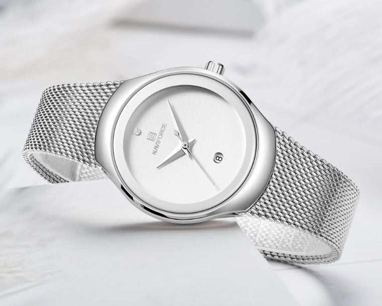 NAVIFORCE 5004 Women’s Silver Mesh Strap Watch – Minimal White Dial