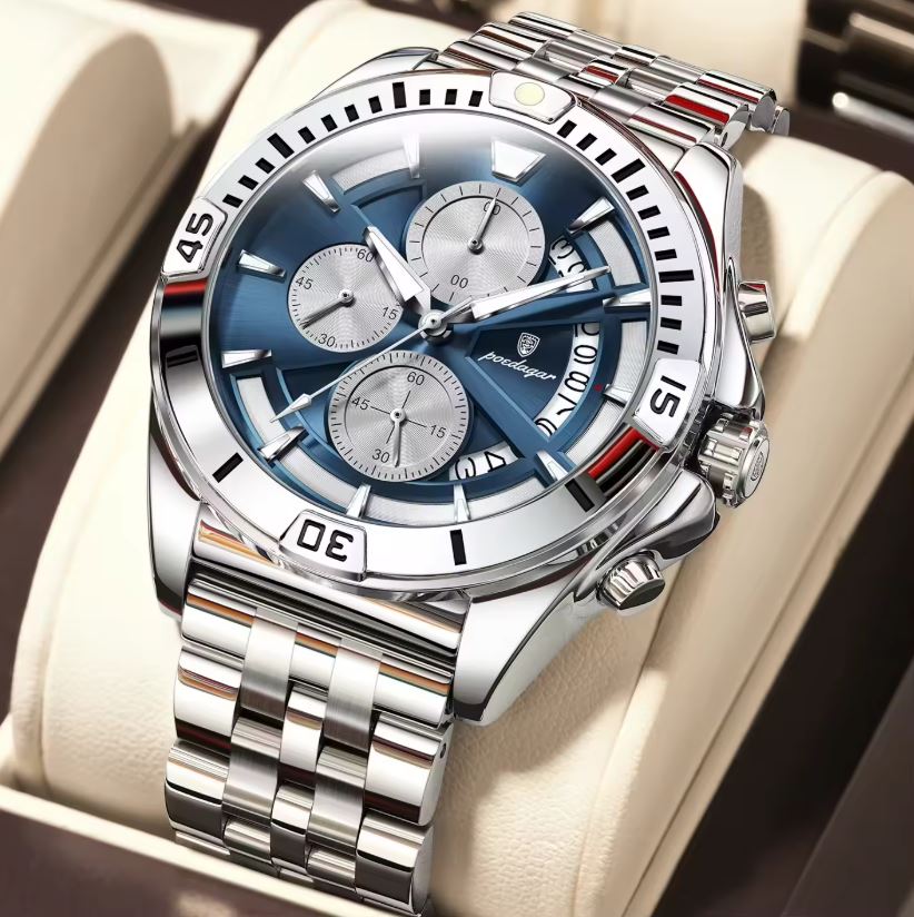 POEDAGAR 695 Men’s Sports Quartz Watch Silver Blue – Stainless Steel Luxury Chronograph Wristwatch