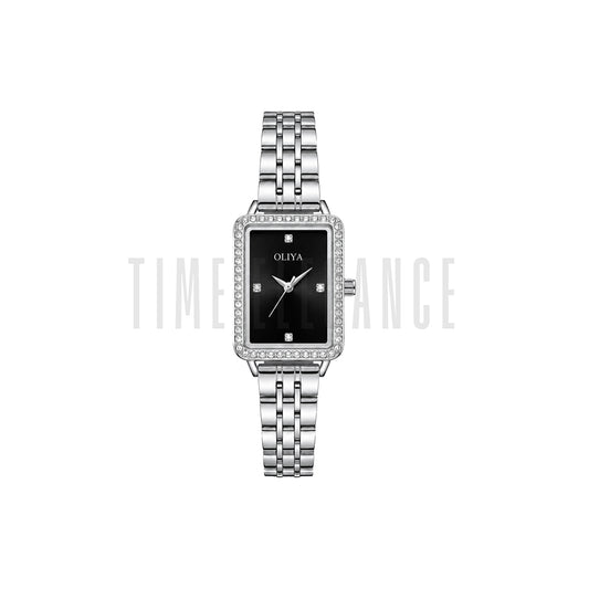 OLIYA 609 Women’s Luxury Square Quartz Watch Silver Black Dial – Stainless Steel Elegant Wristwatch