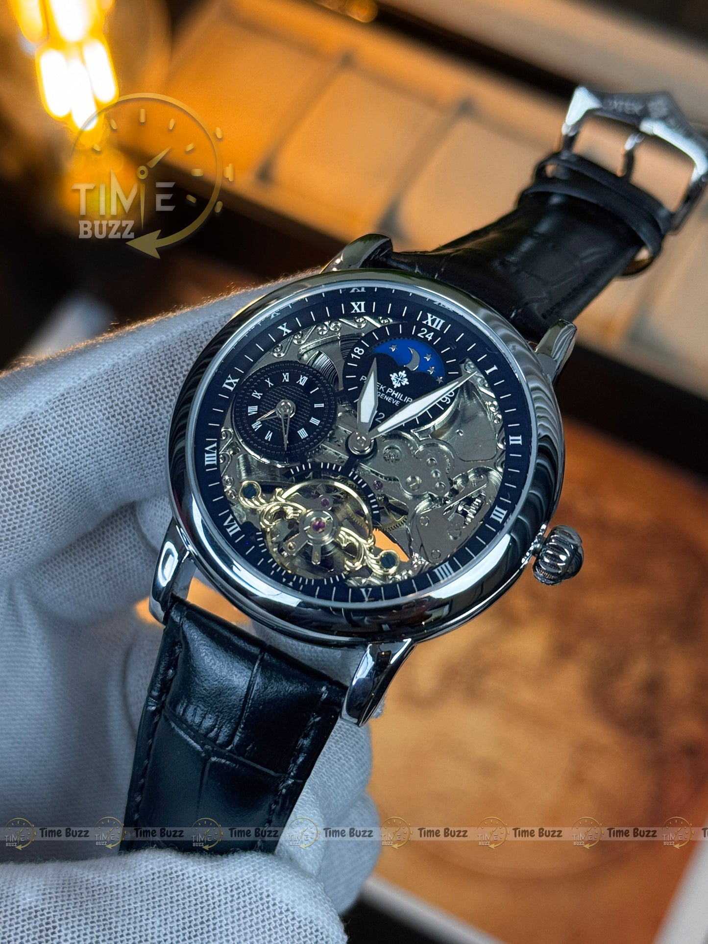 Patek Philippe Skeleton Automatic Watch – Moonphase Style Open Heart Mechanical Leather Watch