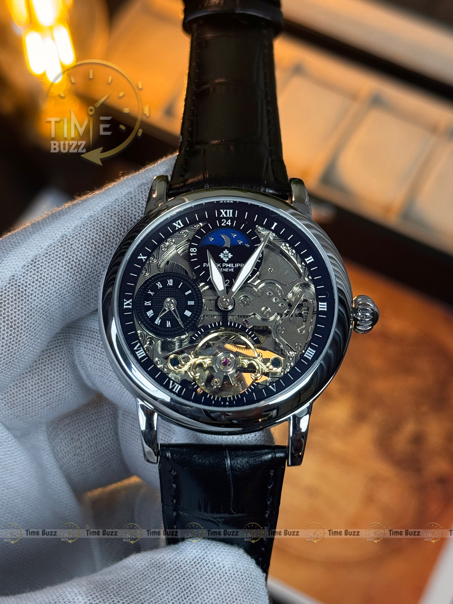Patek Philippe Skeleton Automatic Watch – Moonphase Style Open Heart Mechanical Leather Watch