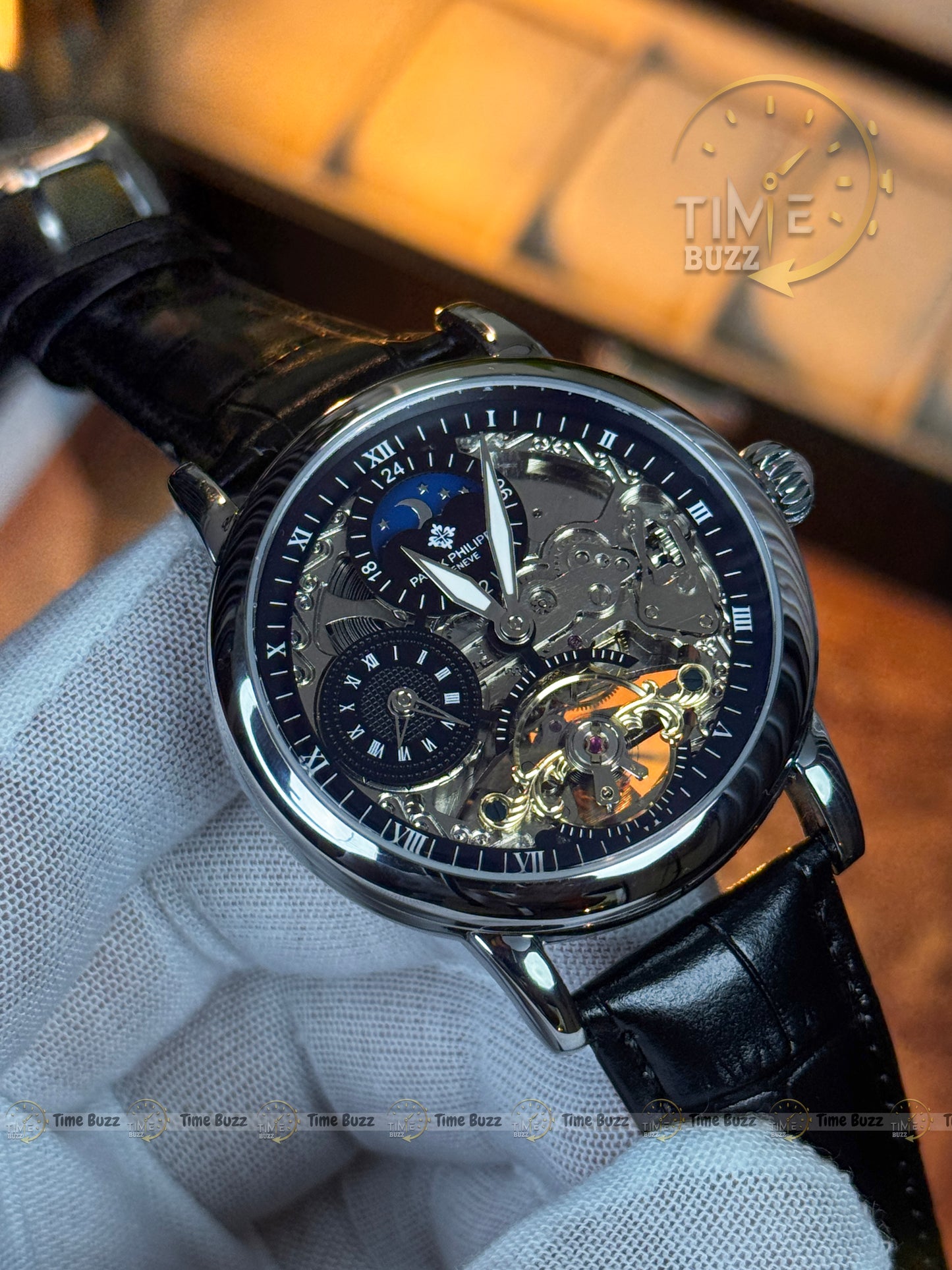 Patek Philippe Skeleton Automatic Watch – Moonphase Style Open Heart Mechanical Leather Watch