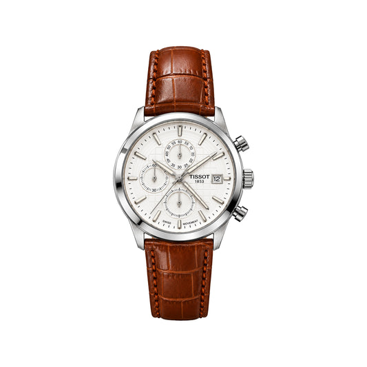 Tissot 1853 Men's Chronograph Watch – White Dial & Brown Leather Strap