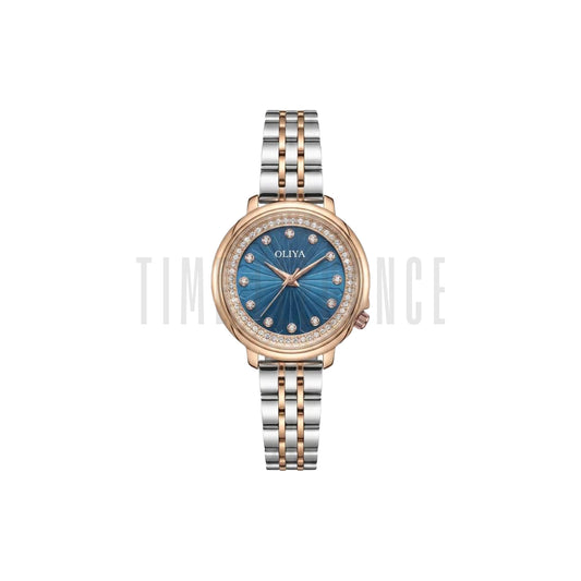 OLIYA 889 Women’s Luxury Diamond Watch Two Tone Blue – Round Dial Stainless Steel Wristwatch