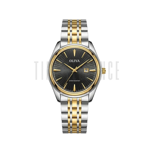 OLIYA 66160 Men’s Stainless Steel Quartz Watch Two Tone Black– Waterproof Calendar Fashion Wristwatch