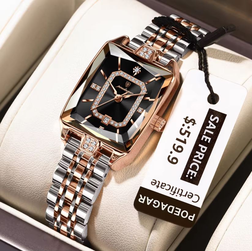 Poedagar 785 Two Tone Black Dial— Women’s Waterproof Rectangle Luxury Quartz Watch
