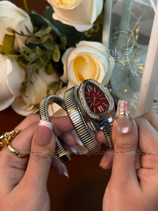 Luxury Silver Snake Bracelet Women's Quartz Watch with Burgundy Dial | Elegant Bangle Wristwatch