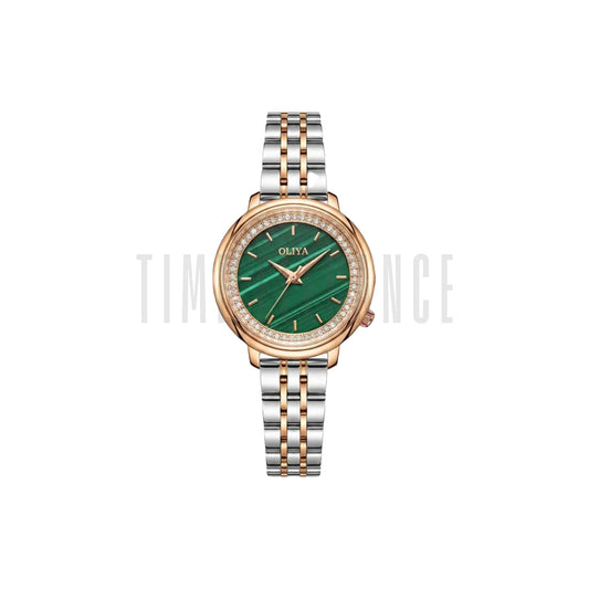 OLIYA 889 Women’s Luxury Diamond Watch Two Tone Striped Green – Round Dial Stainless Steel Wristwatch