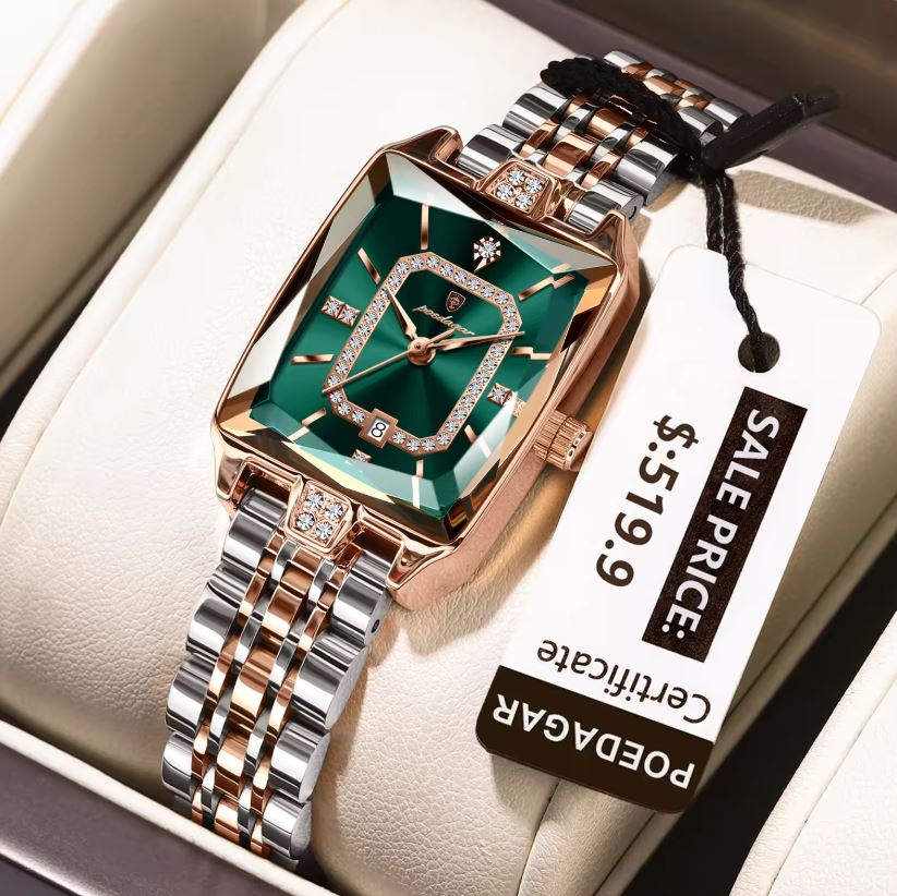 Poedagar 785 Two Tone Green Dial— Women’s Waterproof Rectangle Luxury Quartz Watch