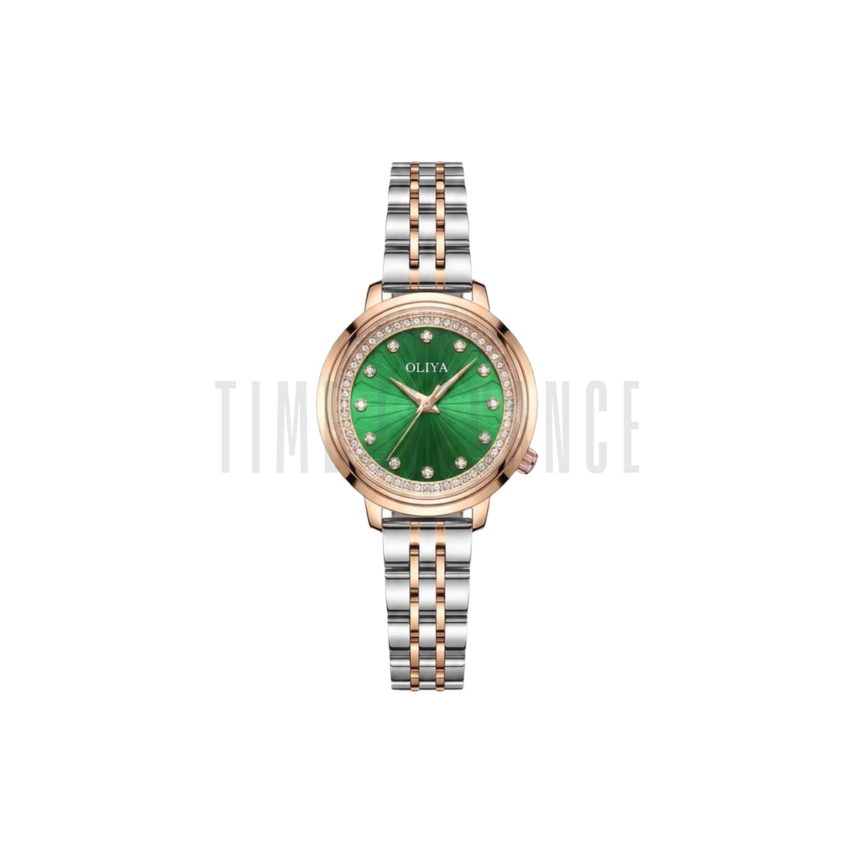 OLIYA 889 Women’s Luxury Diamond Watch Two Tone Green – Round Dial Stainless Steel Wristwatch