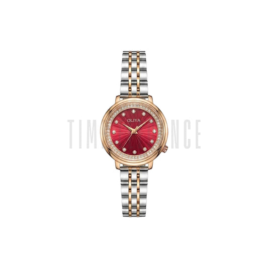 OLIYA 889 Women’s Luxury Diamond Watch Two Tone Red – Round Dial Stainless Steel Wristwatch
