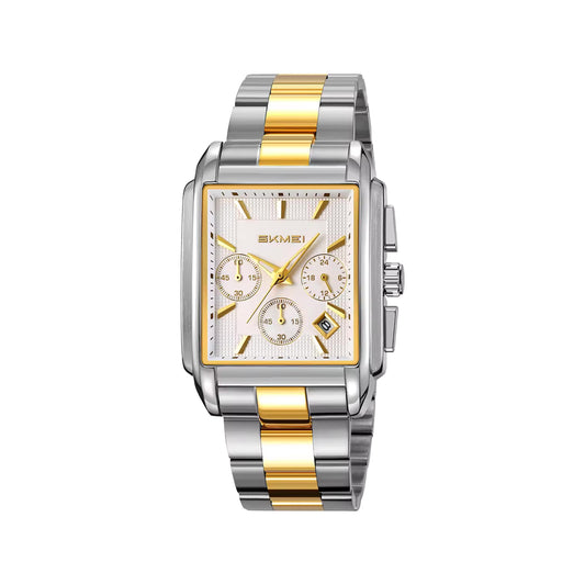 SKMEI 2339 Men’s Square Stainless Steel Quartz Watch Two Tone White– Waterproof Business Wristwatch