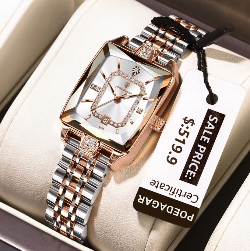 Poedagar 785 Two Tone White Dial— Women’s Waterproof Rectangle Luxury Quartz Watch