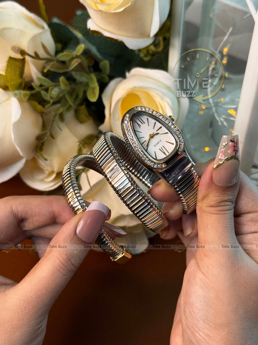 Luxury Gold Silver Snake Bracelet Women's Quartz Watch with White Dial | Crystal Bezel Fashion Bangle Watch