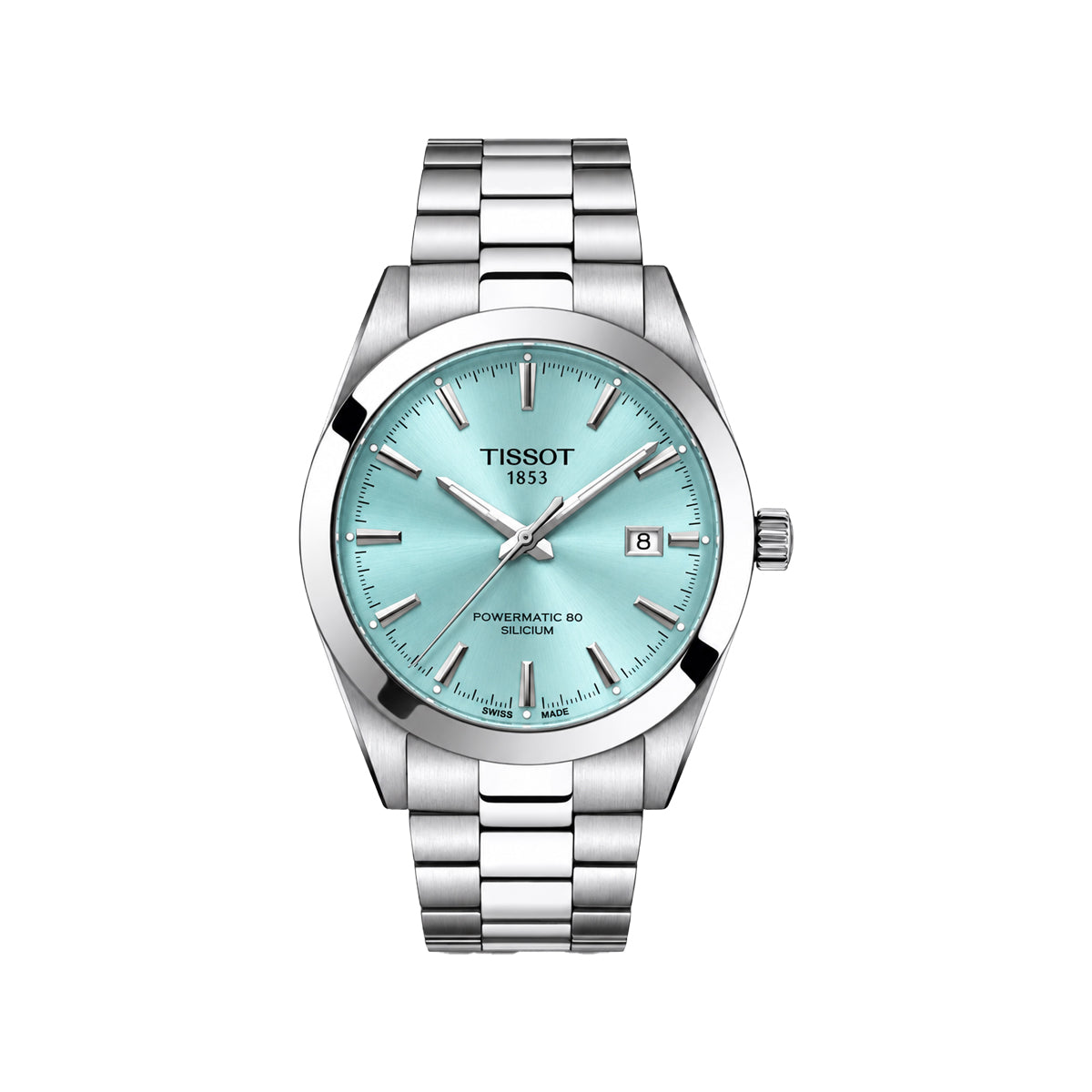 Tissot Powermatic 80 Super Blue dial watch with a silver stainless steel case and link bracelet, shown on a plain white background.