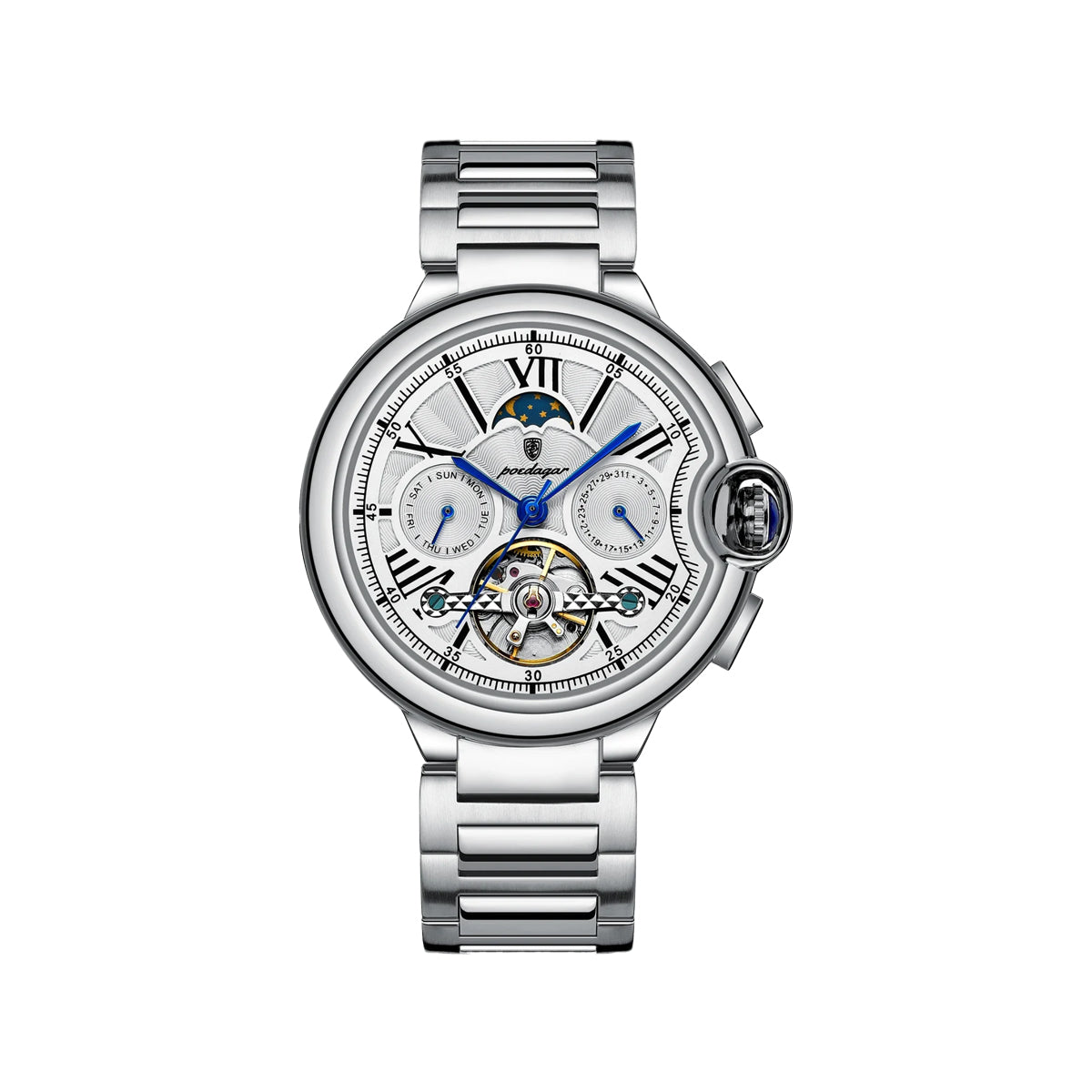 POEDAGAR 1413 Men’s Luxury Tourbillon Automatic Watch Silver White– Stainless Steel Mechanical Wristwatch