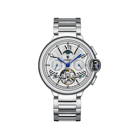 POEDAGAR 1413 Men’s Luxury Tourbillon Automatic Watch Silver White– Stainless Steel Mechanical Wristwatch
