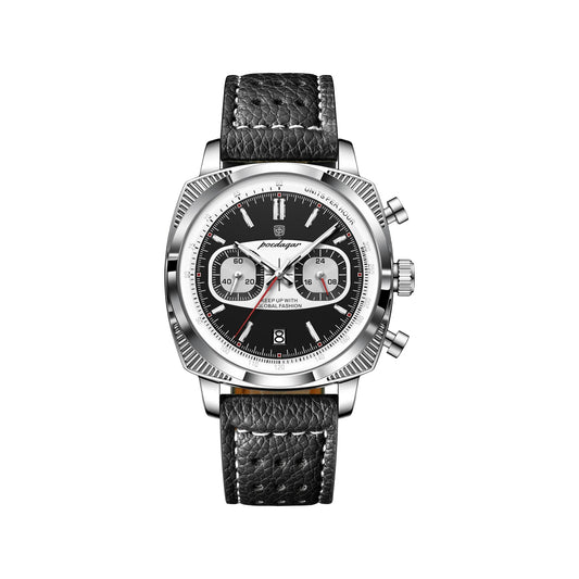 POEDAGAR 838 Men’s Luxury Square Chronograph Watch Black– Waterproof Leather Quartz Wristwatch