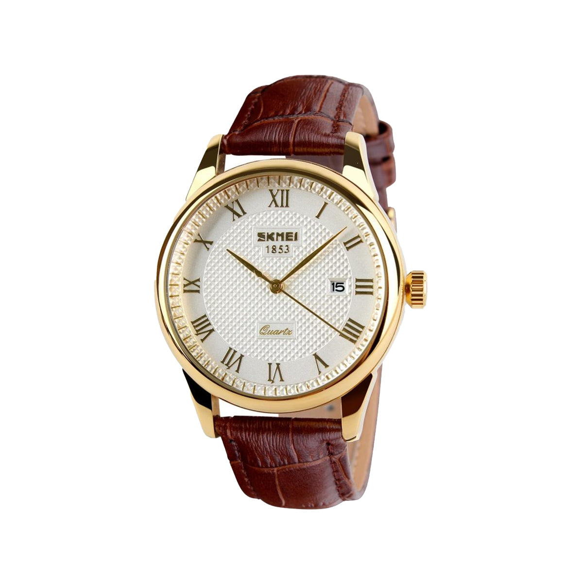 SKMEI 9058 Men’s Luxury Quartz Watch Brown Gold White– Leather Strap Business Custom Logo Wristwatch