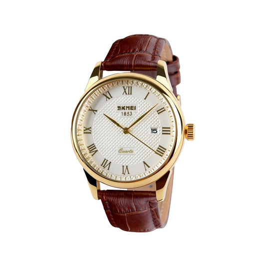 SKMEI 9058 Men’s Luxury Quartz Watch Brown Gold White– Leather Strap Business Custom Logo Wristwatch