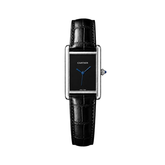 A Cartier Tank watch with a black leather strap, silver-tone metal case, and a minimalist black dial with blue hands.