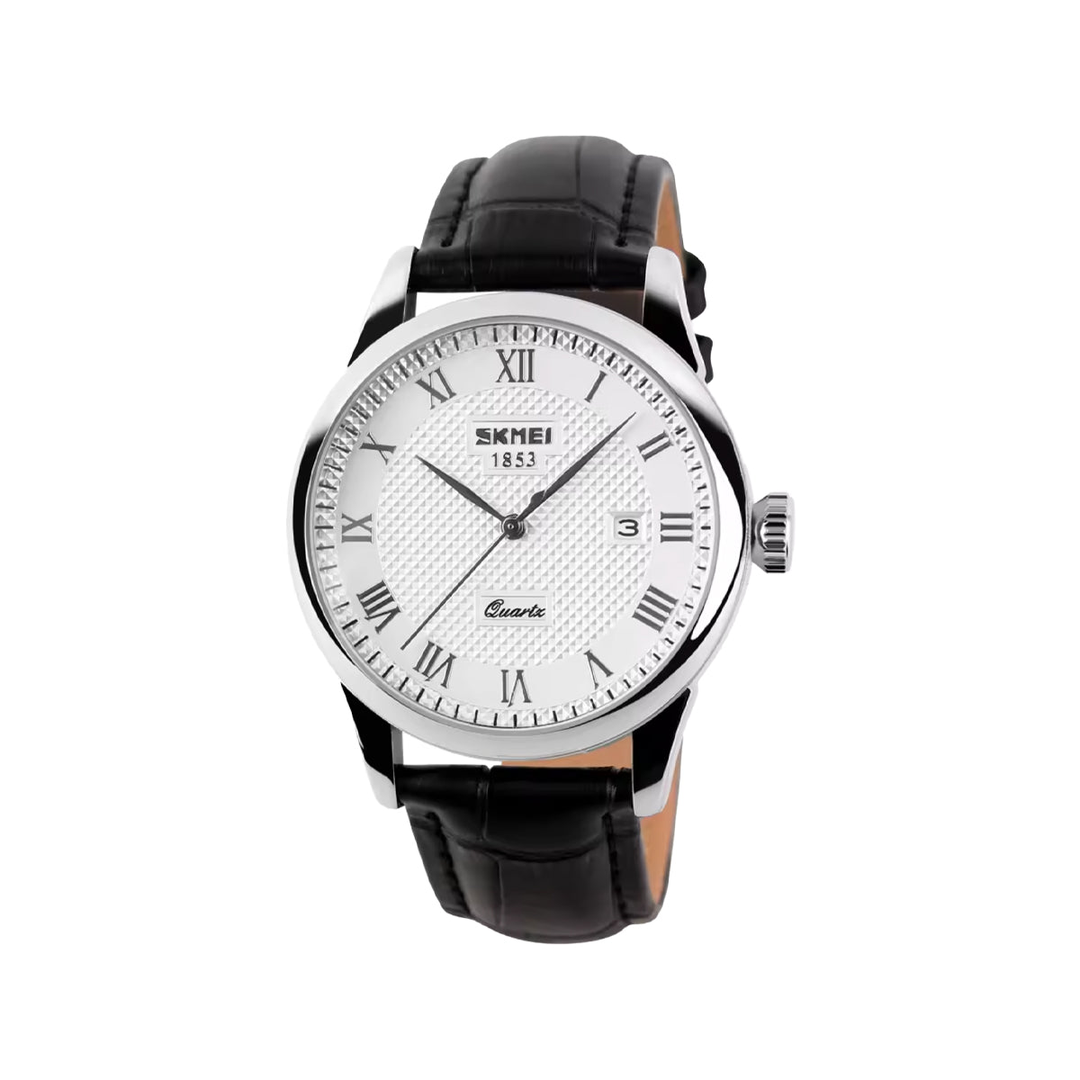 SKMEI 9058 Men’s Luxury Quartz Watch Black White– Leather Strap Business Custom Logo Wristwatch