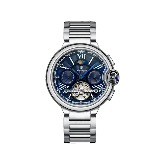 POEDAGAR 1413 Men’s Luxury Tourbillon Automatic Watch Silver Blue– Stainless Steel Mechanical Wristwatch