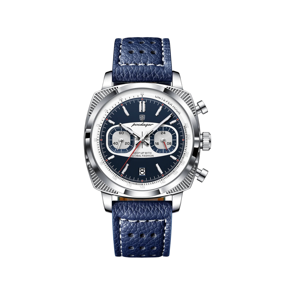POEDAGAR 838 Men’s Luxury Square Chronograph Watch Blue– Waterproof Leather Quartz Wristwatch