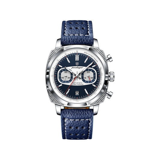 POEDAGAR 838 Men’s Luxury Square Chronograph Watch Blue– Waterproof Leather Quartz Wristwatch