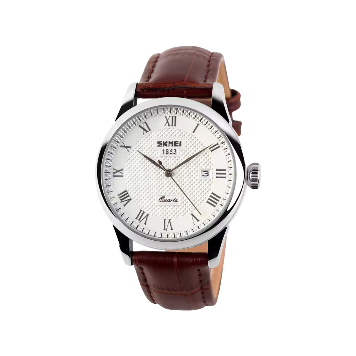 SKMEI 9058 Men’s Luxury Quartz Watch Brown Silver White– Leather Strap Business Custom Logo Wristwatch