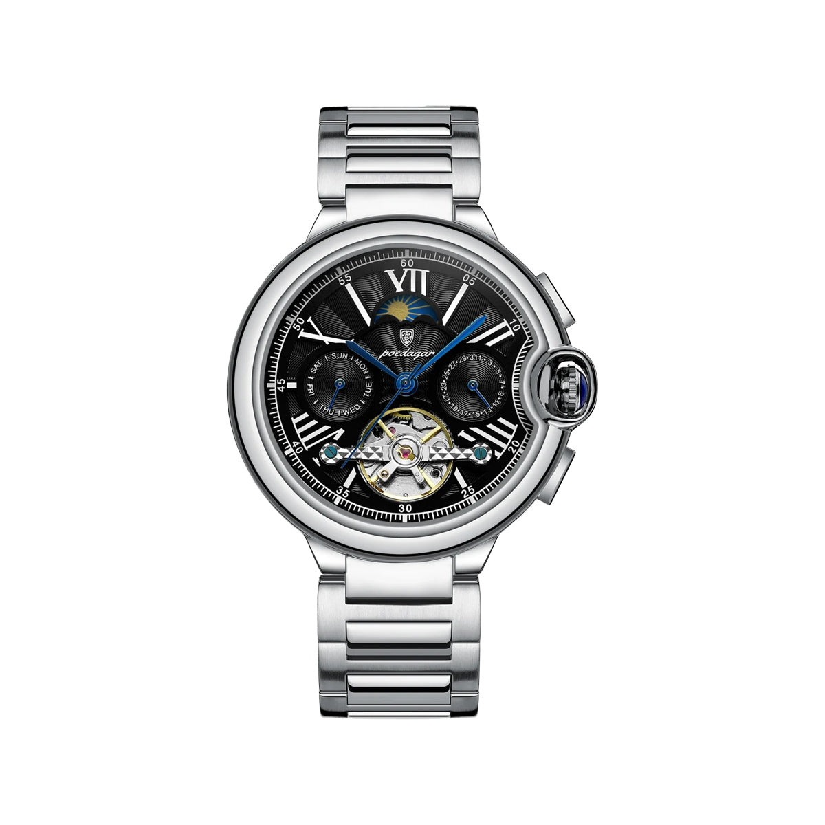 POEDAGAR 1413 Men’s Luxury Tourbillon Automatic Watch Silver Black– Stainless Steel Mechanical Wristwatch