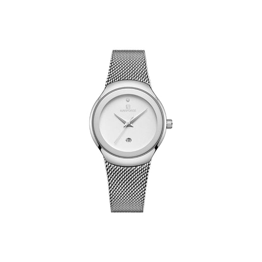 NAVIFORCE 5004 Women’s Silver Mesh Strap Watch – Minimal White Dial