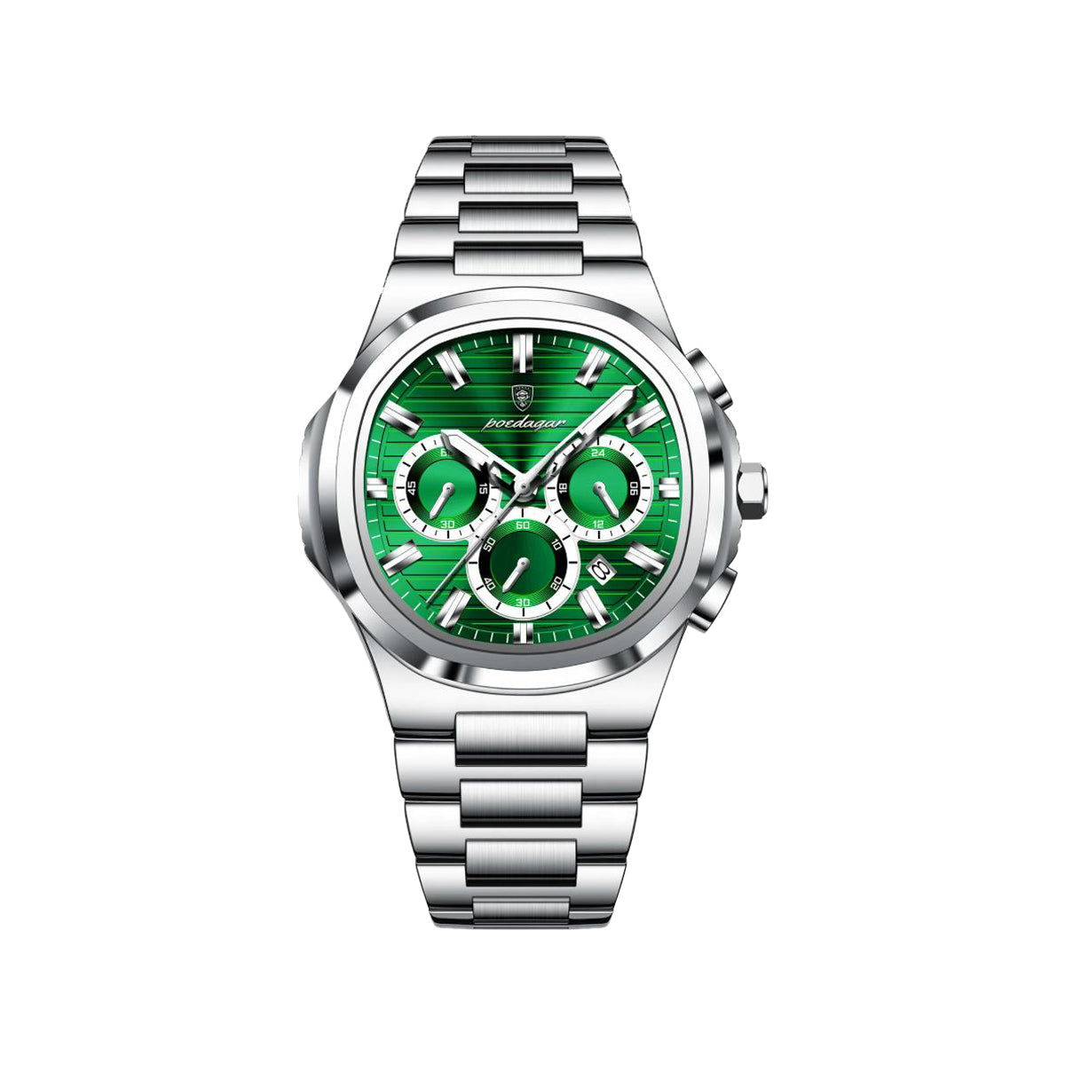 POEDAGAR 834 Men’s Luxury Square Quartz Watch Silver Green– Waterproof Luminous Date Stainless Steel Wristwatch