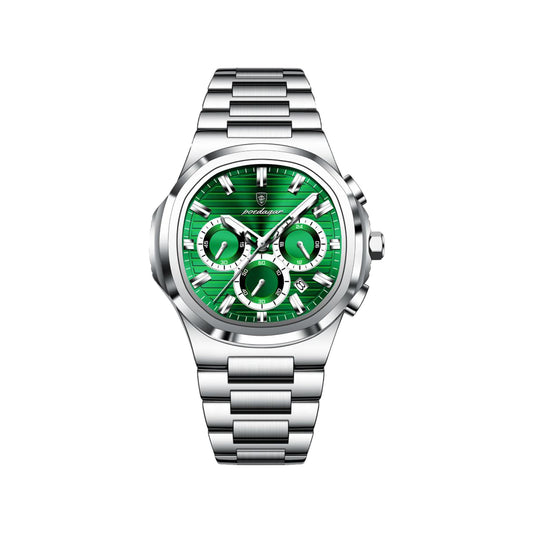 POEDAGAR 834 Men’s Luxury Square Quartz Watch Silver Green– Waterproof Luminous Date Stainless Steel Wristwatch