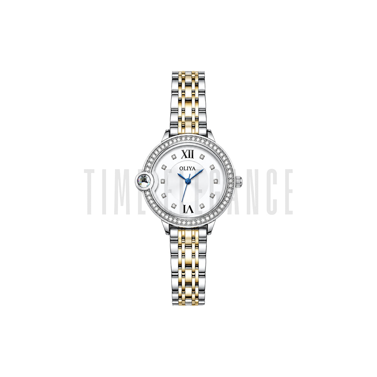 OLIYA 886 Women's Luxury Crystal Bezel Quartz Watch Two Tone White