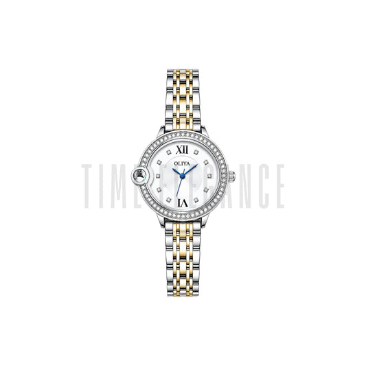 OLIYA 886 Women's Luxury Crystal Bezel Quartz Watch Two Tone White
