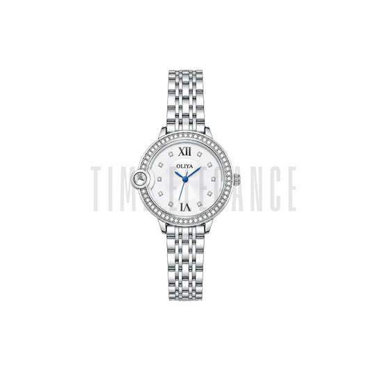 OLIYA 886 Women's Luxury Crystal Bezel Quartz Watch Silver White