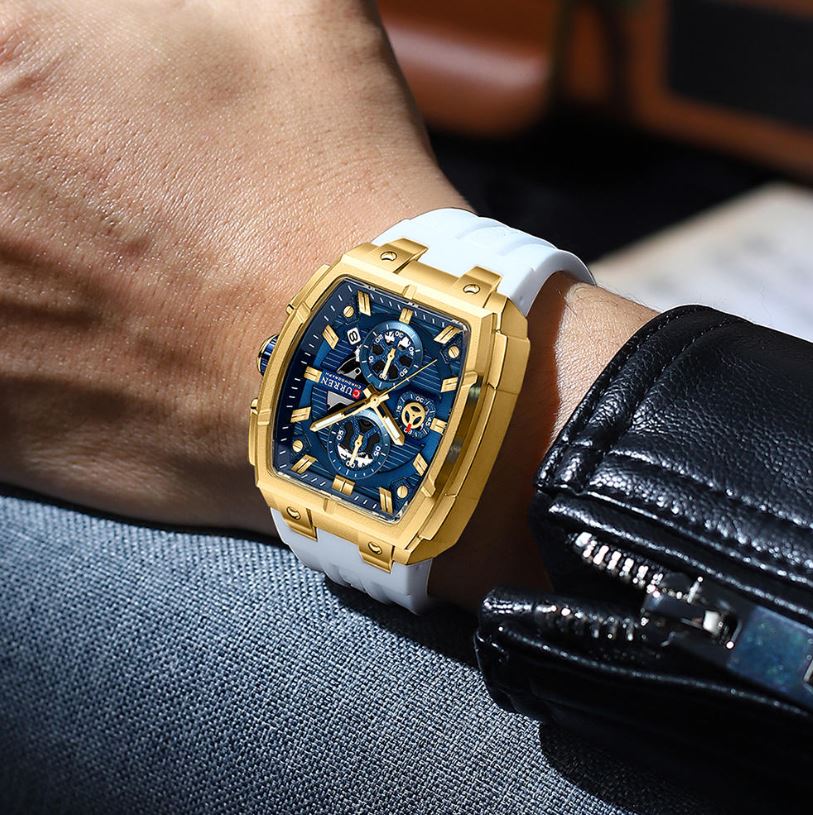 CURREN 8488 Men’s Quartz Watch Gold Blue– Silicone Band Waterproof Luminous Calendar Wristwatch