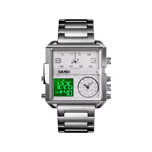SKMEI 1584 Men’s Analog Digital Watch Silver White– Triple Time, Stainless Steel Bracelet, Chronograph