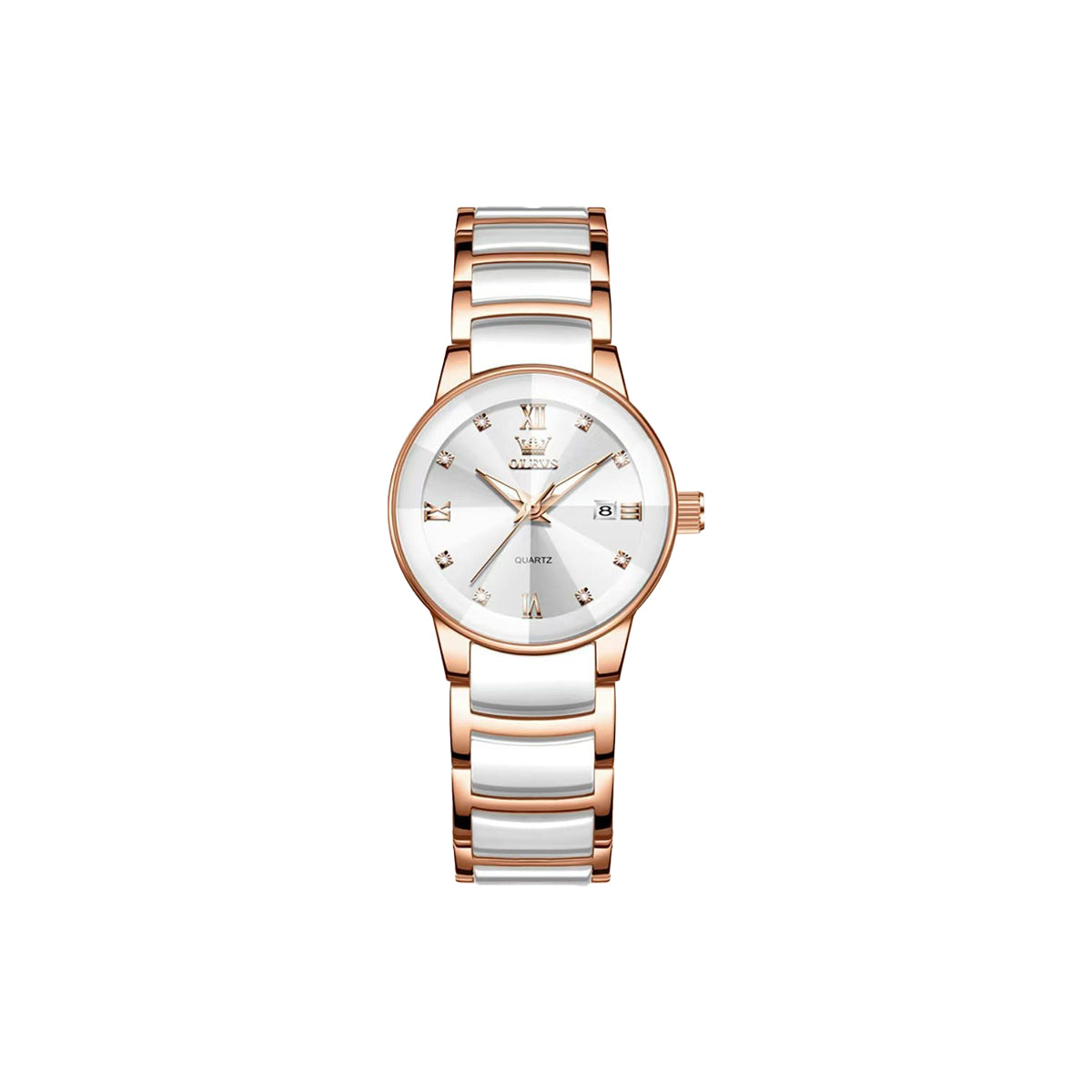 OLEVS 7114 Women’s Quartz Watch – Rose Gold & White Ceramic Bracelet