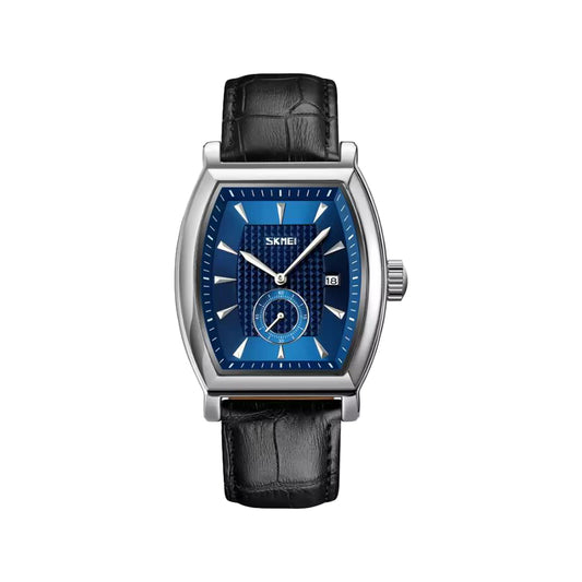 SKMEI 9306 Men’s Square Quartz Watch Blue Dial – Leather Strap, Date Display & 30M Water Resistant