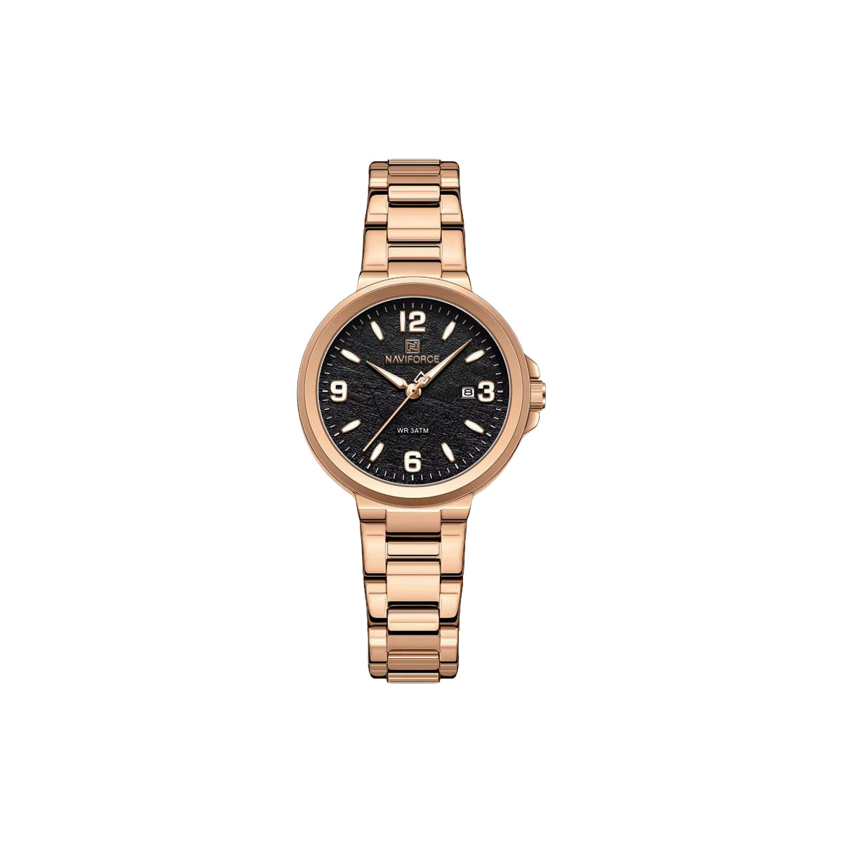NAVIFORCE 5077 Women’s Textured Rose Gold Black Dial Quartz Watch – Stainless Steel Bracelet