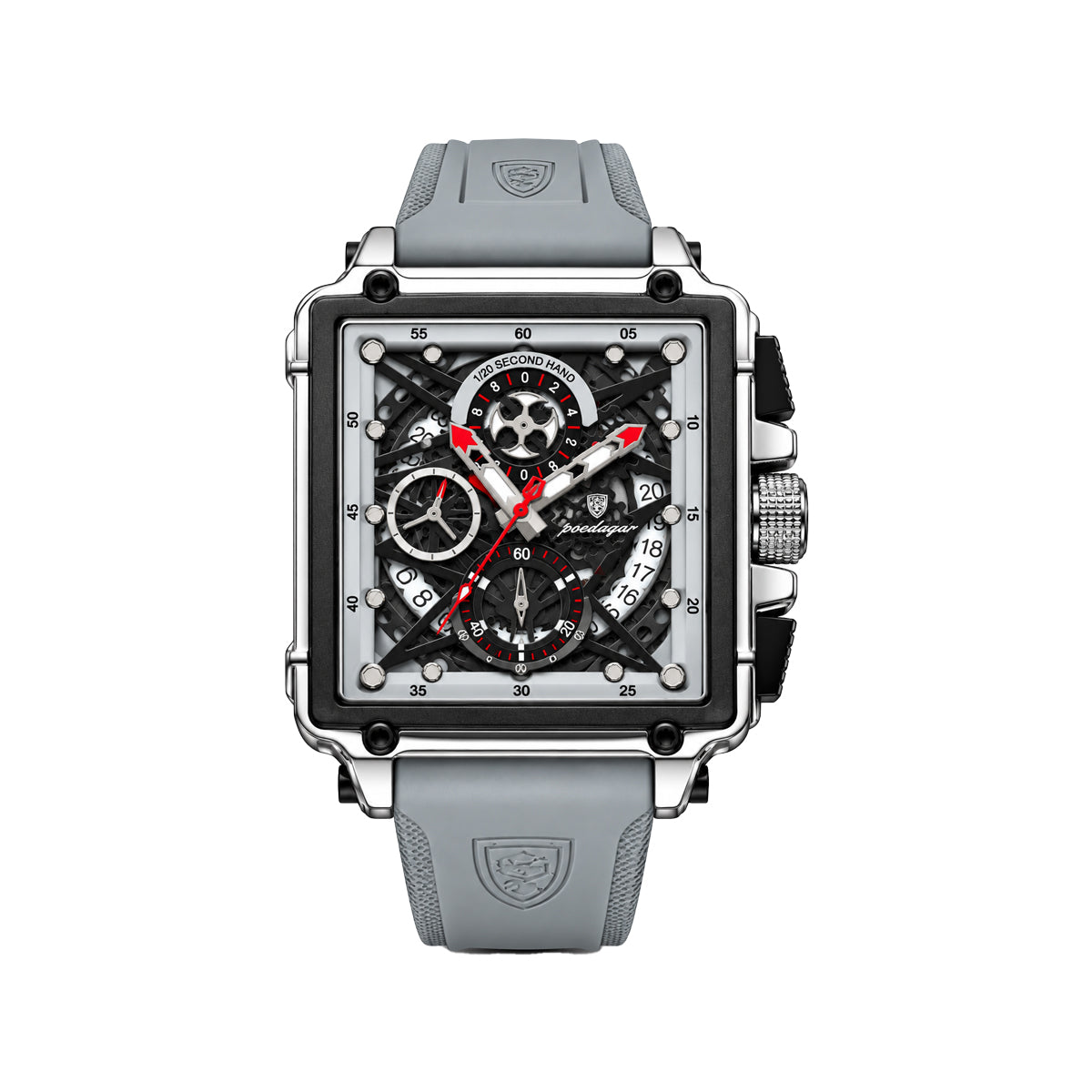 POEDAGAR 840 Men's Square Chronograph Watch Gray– Skeleton-Style Dial & Silicone Strap