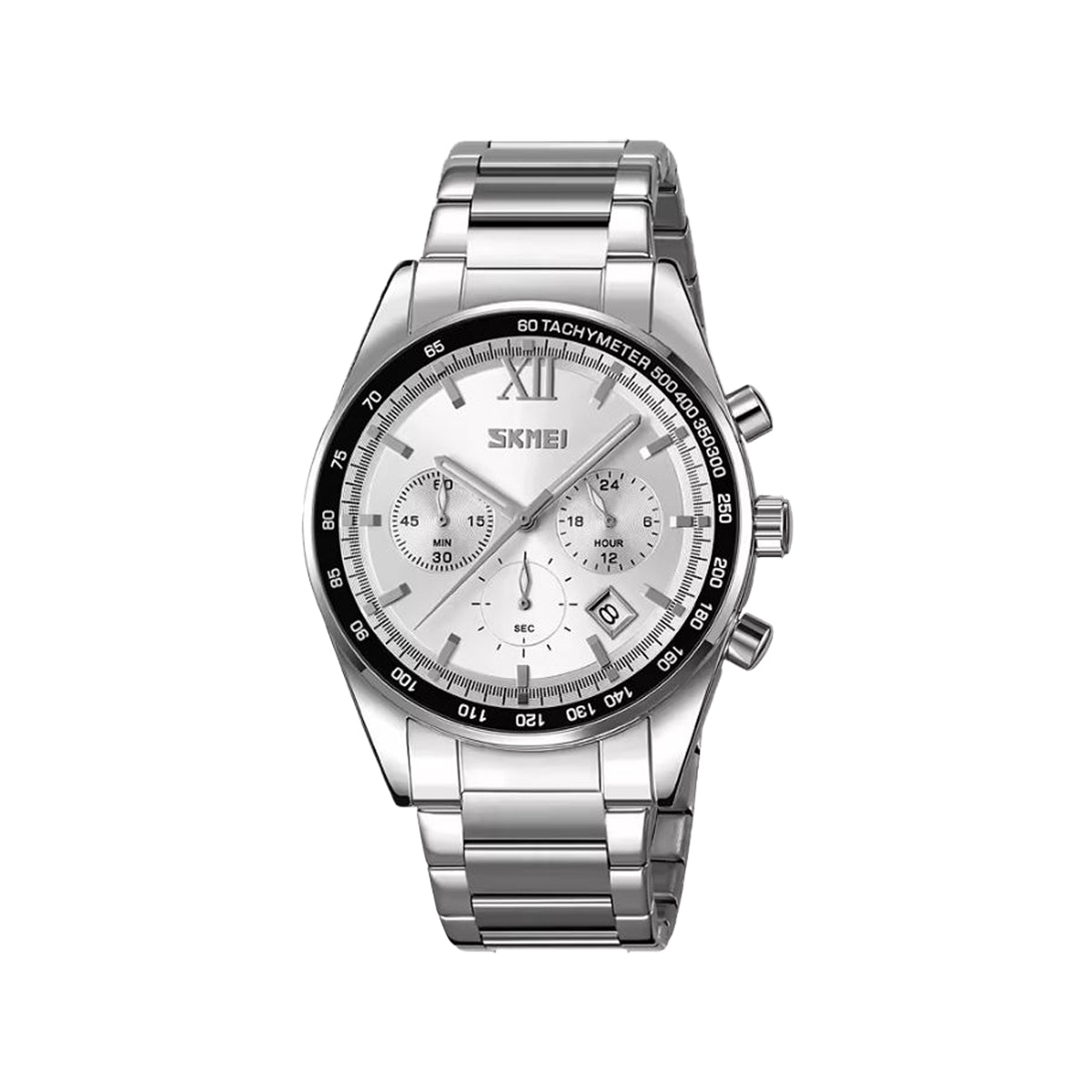 SKMEI 9096 Men’s Chronograph Quartz Watch Silver White– Stainless Steel Bracelet, Date, Luminous