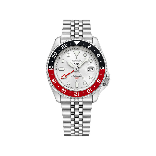 SEIKO Silver GMT Quartz Men’s Watch – White Dial, Red & Black Bezel
