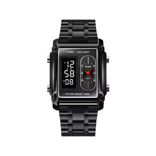 SKMEI 1868 Men’s Analog Digital Watch Full Black– Triple Time, Gold Stainless Steel Bracelet