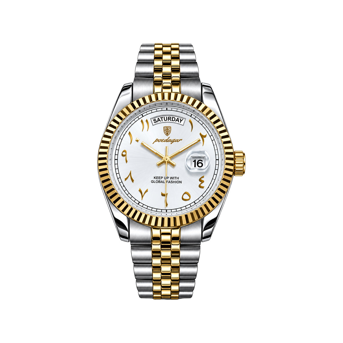 POEDAGAR 845 Men's Quartz Watch Two Tone White– Arabic Numeral Dial & Stainless Steel Bracelet